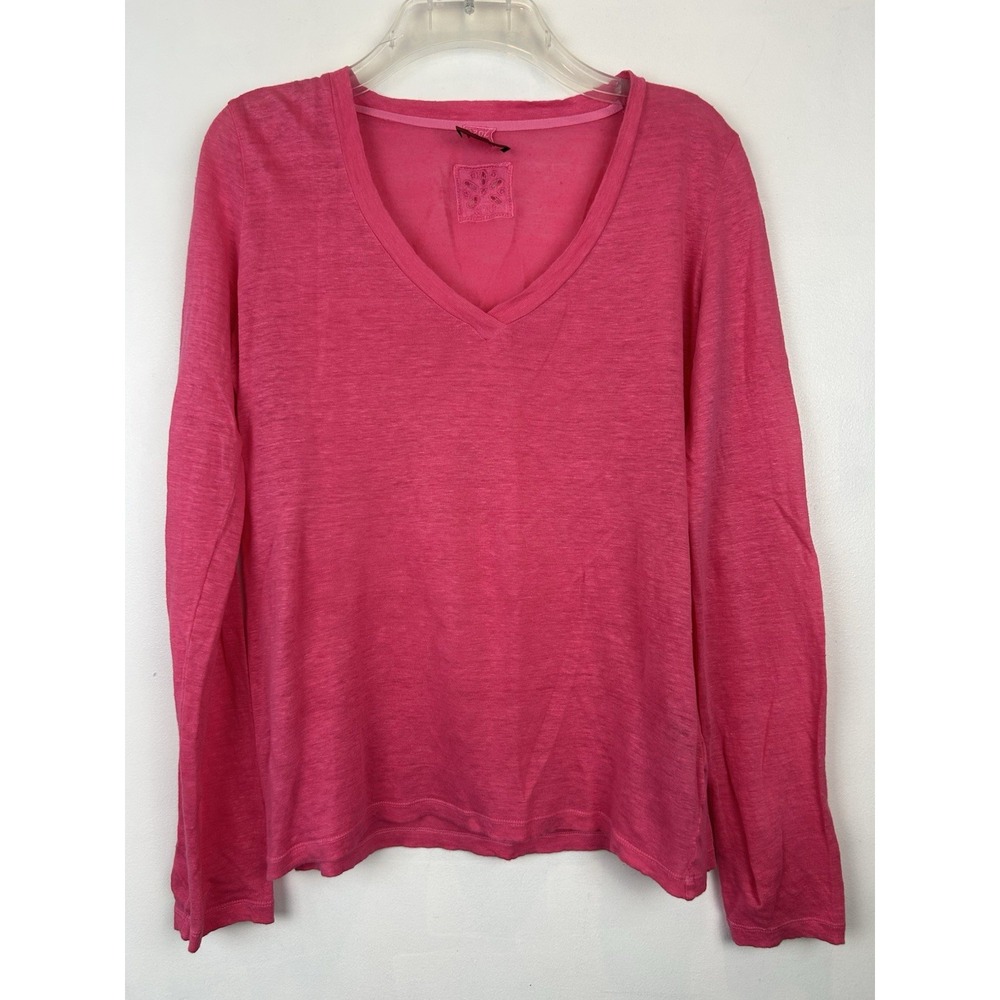 120% Lino Ikram Women Top Small Relaxed V Neck Long Sleeve Pink Linen Base Layer